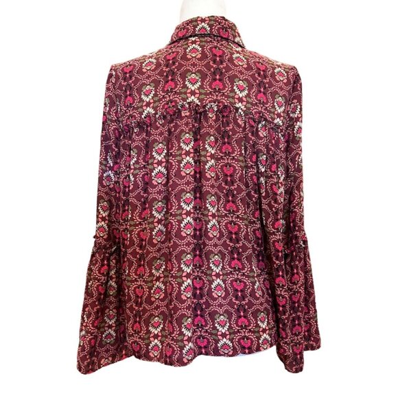 GB Floral Print Long Sleeve Blouse‎ Size Large With Tie Neck & Ruffled Cuffs - Picture 7 of 8